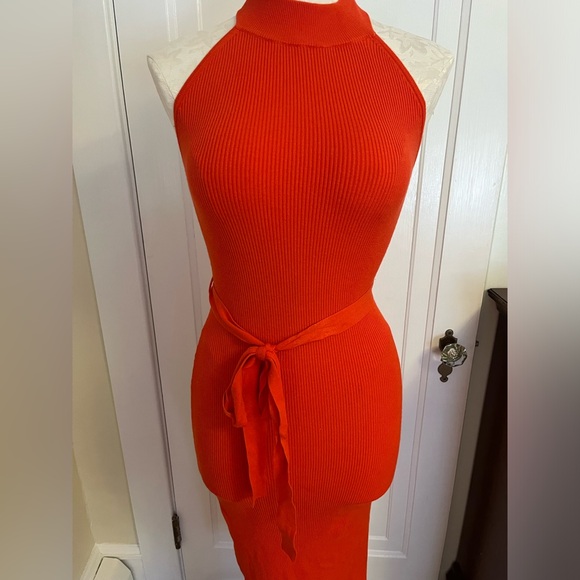 Lulus Flirty Sunshine Red Ribbed Halter Midi Sweater Dress - Size XS - Picture 3 of 6